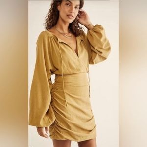 Free People Mini Dress w/ Runched Skirt Long Balloon Sleeves Tan Brown Sz L